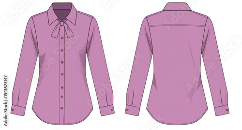 Light green long sleeve women's button up blouse flat fashion technical sketch vector illustration with bow collar detail, professional corporate office wear apparel template for design mockups