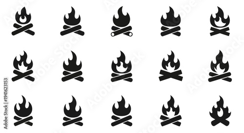 Collection of black campfire icons with crossed bones on a white background, depicted from a straightforward viewpoint