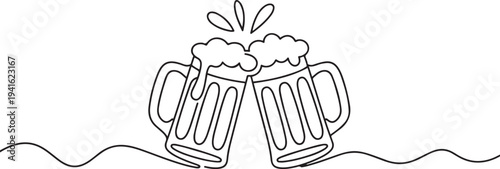 continuous line drawing of beer mug frothing clinking in happiness hour party time. one line art icon drawing vector