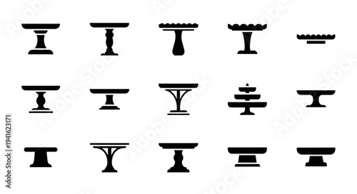 Collection of Various Table Silhouettes Displayed in Grid Formation on White Background from Direct Viewpoint