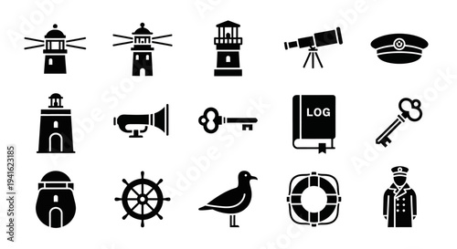A collection of maritime icons including lighthouses, navigation tools, and seagull, symbolizing coastal navigation and safety measures from a straightforward viewpoint
