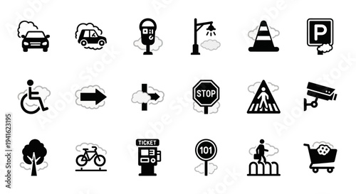 Collection of black and white transportation and signage icons on a plain background