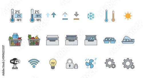 Colorful Outline Icon Set: Smart Home Weather Shopping and Technology Concepts.