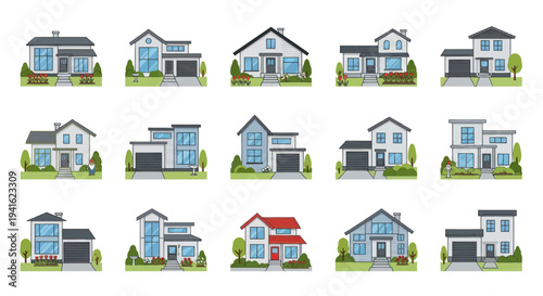 A diverse collection of modern suburban houses and residential building vector illustrations.