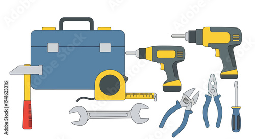 Assorted Hand Tools and Toolbox for Construction and Repair.
