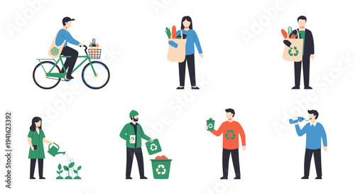 People engaging in eco-friendly sustainable lifestyle activities illustrations.