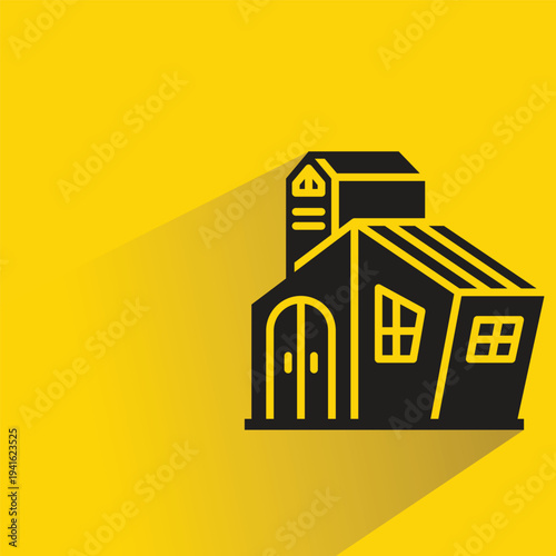 house building icon with shadow on yellow background