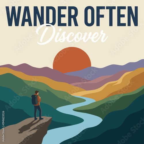 The image features a lone hiker overlooking a winding river and hills as the sun sets, symbolizing the beauty of exploration and the call of nature's wonders.