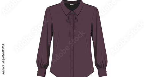 Light green long sleeve women's button up blouse flat fashion technical sketch vector illustration with bow collar detail, professional corporate office wear apparel template for design mockups