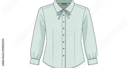 Light green long sleeve women's button up blouse flat fashion technical sketch vector illustration with bow collar detail, professional corporate office wear apparel template for design mockups