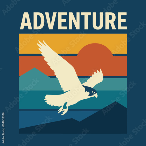 An artistic representation of an eagle soaring through a vibrant sunset, encapsulating the spirit of adventure and freedom across a layered landscape of mountains.