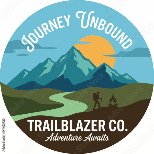 A logo encapsulating the spirit of hiking and exploration with a mountain backdrop, sun, and traveler, symbolizing adventure, freedom, and the call of nature for aspiring trailblazers.