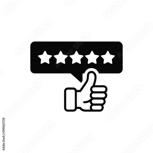 Five star rating with a thumbs up symbol in a black and white design