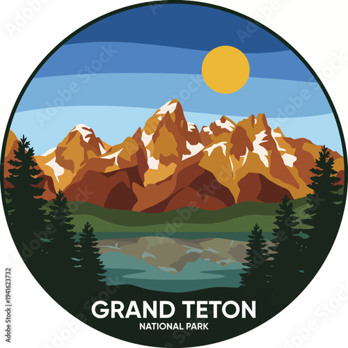 Marvel at the stunning peaks of Grand Teton National Park depicted in this captivating illustration, showcasing nature's grandeur and serenity at its finest.