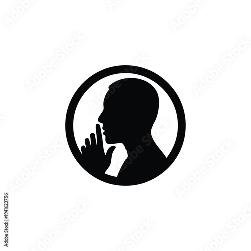 A black silhouette of a man gesturing a quiet or hush signal