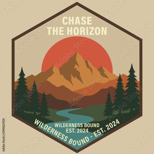 A captivating emblem representing the essence of wilderness exploration, featuring mountains, a river, and a vibrant sunset, inspiring wanderlust and adventure.