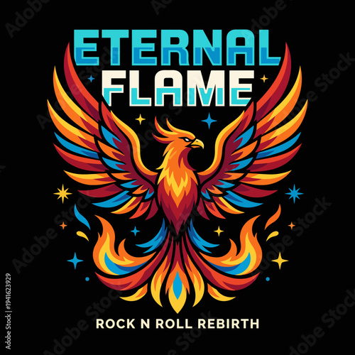 This vibrant artwork features a phoenix emerging in fiery colors, symbolizing rebirth, passion, and the unstoppable spirit of rock and roll in artistic expression.