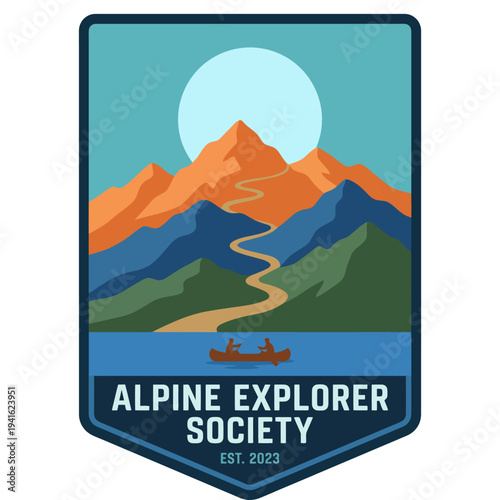 This stunning representation of the Alpine Explorer Society features majestic mountains, a river, and adventurers in canoes, evoking a sense of exploration and community.
