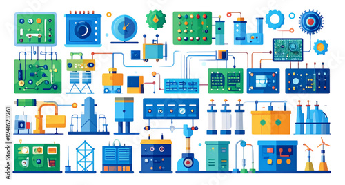 Technology and Recycling in Modern Industry – Circuit Boards, Waste Management, and Eco-Friendly Process Vector Illustration