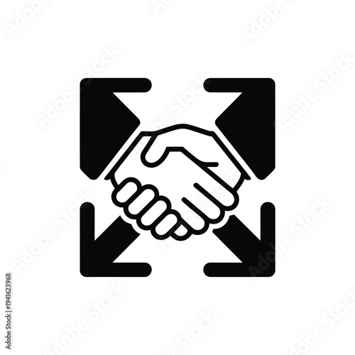 A black and white illustration depicting a handshake with opposing arrows