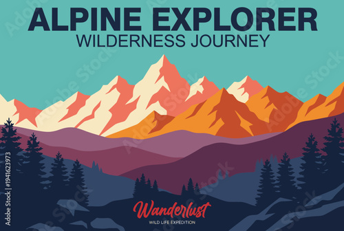 This vibrant artwork captures majestic mountains and serene landscapes, inviting viewers to embark on an Alpine exploration journey filled with adventure and beauty.