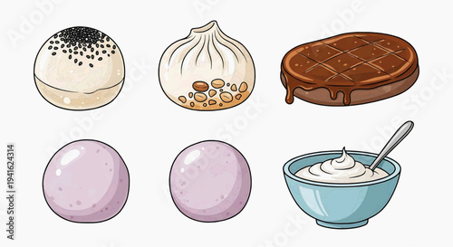 Assorted desserts and ingredients including buns, dumplings, waffles, and yogurt displayed on a clean white surface from a straightforward viewpoint.