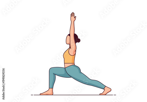 Woman practicing yoga in a warrior pose with arms raised.