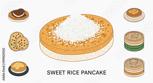 Sweet rice pancake surrounded by assorted pancakes and desserts, top view, digital illustration, food, culinary delights