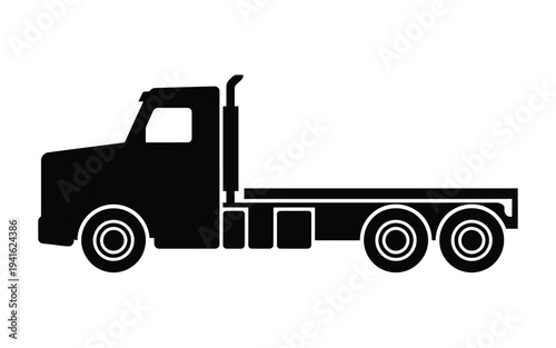 Simple black silhouette of a heavy duty truck with a flatbed trailer