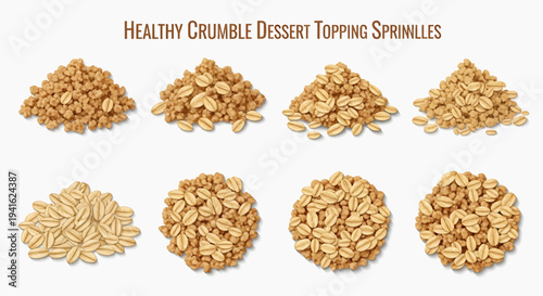 Assorted dessert toppings and crumble sprinkles arranged on a white surface, viewed from directly above.