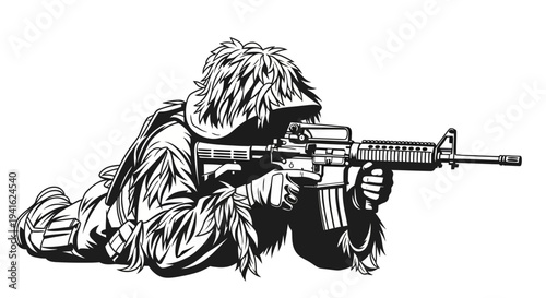 Camouflaged Soldier Aiming Rifle, Military Sniper in Ghillie Suit, Combat Readiness, Tactical Warfare