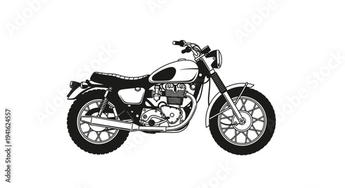 Classic Motorcycle Illustration, Vintage Bike, Retro Style, Black and White Vector Art