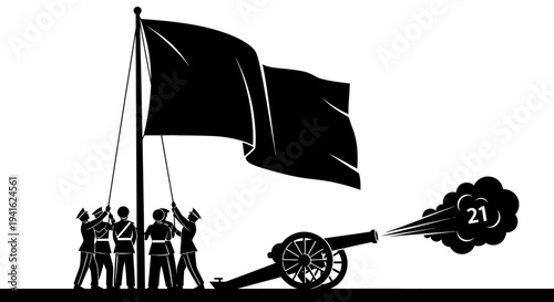 Celebration cannon fires flag with number 21, symbolizing anniversary or milestone event