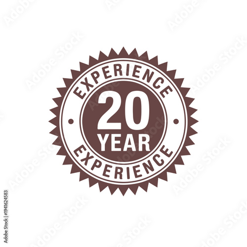 A maroon and white badge displays experience 20 year celebrating a milestone