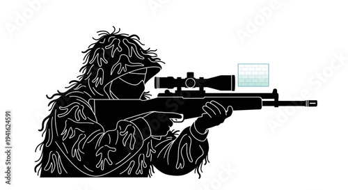 Camouflaged Sniper Silhouette Aiming Rifle with Scope, Stealth Military Operation Concept