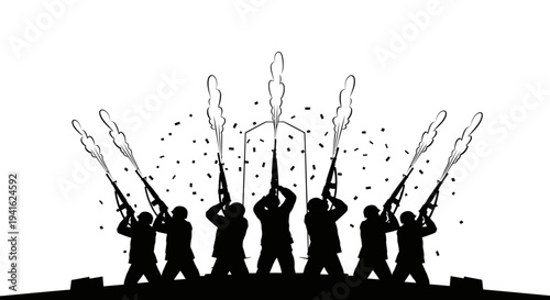 Celebration Silhouette: Soldiers Fire Salute with Confetti and Fireworks