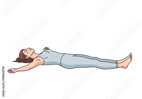 Woman practicing Savasana yoga pose for relaxation and meditation.