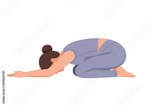 Woman practicing yoga in childs pose on white background.