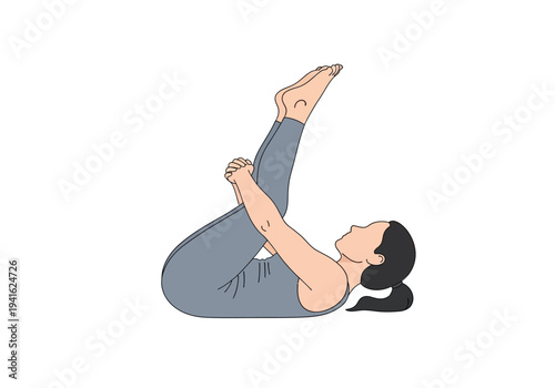 Woman performing yoga pose on white background.