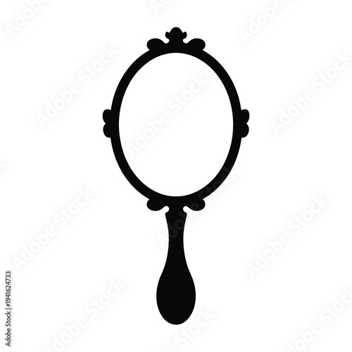 A simple black silhouette of an ornate handheld vanity mirror