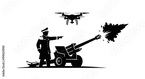 Military drone guides artillery fire, symbolizing modern warfare and technology integration
