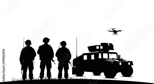 Military Drone Surveillance with Soldiers and Humvee Silhouette