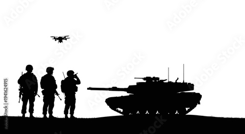Military drone surveillance over soldiers and tank silhouette against clear sky