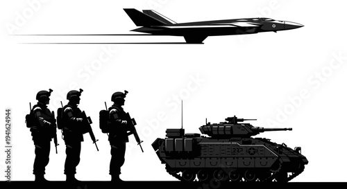 Military forces: soldiers, armored vehicle, and fighter jet in silhouette