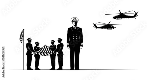 Military funeral honor guard with flag and helicopters flying overhead