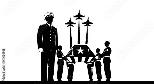 Military Funeral Honor Guard Carrying Casket with Jets Flying Overhead