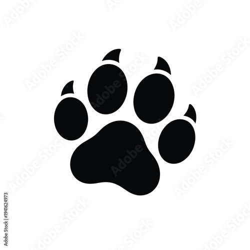A simple black silhouette depicting a large animal paw print