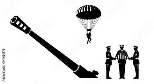 Military Funeral Honor Guard with Flag, Parachutist, and Cannon
