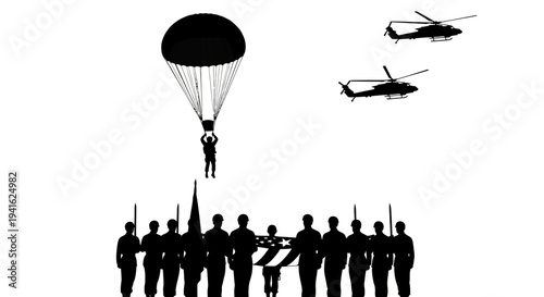 Military Funeral Honor Guard with Parachutist and Helicopters