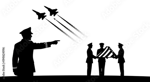 Military Funeral Honors: Flag Draped Casket, Flyover, and Mourning Officer